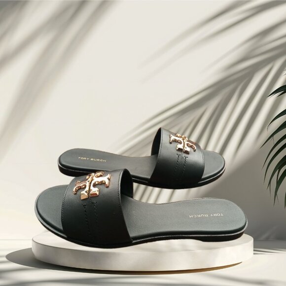 TORY BURCH EVERLY BLACK LEATHER HARDWARE LOGO W/BOX DUSTBAG SANDALS SLIDES 8 - Picture 4 of 9